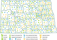 This map is a snapshot of NDSU Extension Service programs focusing on economic prosperity, community engagement and healthy citizens that are delivered across North Dakota. (NDSU graphic)
