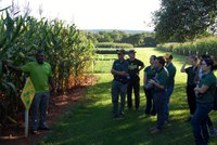 NDSU Extension specialists and Plant Sciences research specialists and students visit with a corn breeder during a study tour in Zimbabwe and Kenya. The African company that provided seed for this field uses animal images on its field signs to indicate when a particular hybrid matures. (NDSU photo)