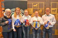 A Benson County team placed first in the senior division of the hippology contest. Pictured are (from left): coach Barb Rice and team members Victoria Christensen, Marit Wang, Ashton Wold and Jacob Arnold. (NDSU photo)