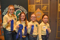 A Kidder County team won first place in the junior division of the hippology contest. Pictured are (from left): team members Mica Klein, Alea Kramlich, Jade Shipley and Elyse Tufte. (NDSU photo)