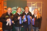 A Ward County team took first place in the senior division of horse judging. Pictured are (from left): team members Mariah Braasch, Madilyn Berg, Sidney Lovelace and Kaitlyn Berg. (NDSU photo)