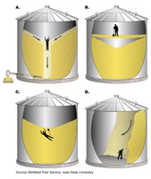 Grain Bin Dangers A. Never enter a storage bin while unloading grain because flowing grain can pull you in and bury you within seconds; B. Grain kernels may stick together, forming a crust or bridge that isn’t strong enough to support a person’s weight after the grain below it is removed; C. Don’t try to break a grain bridge or blockage loose from inside the bin; D. Try to break up a vertical wall of grain from the top of the bin, not the bottom, because the grain can collapse and bury you. (Graphics courtesy of MidWest Plan Service, Iowa State University)