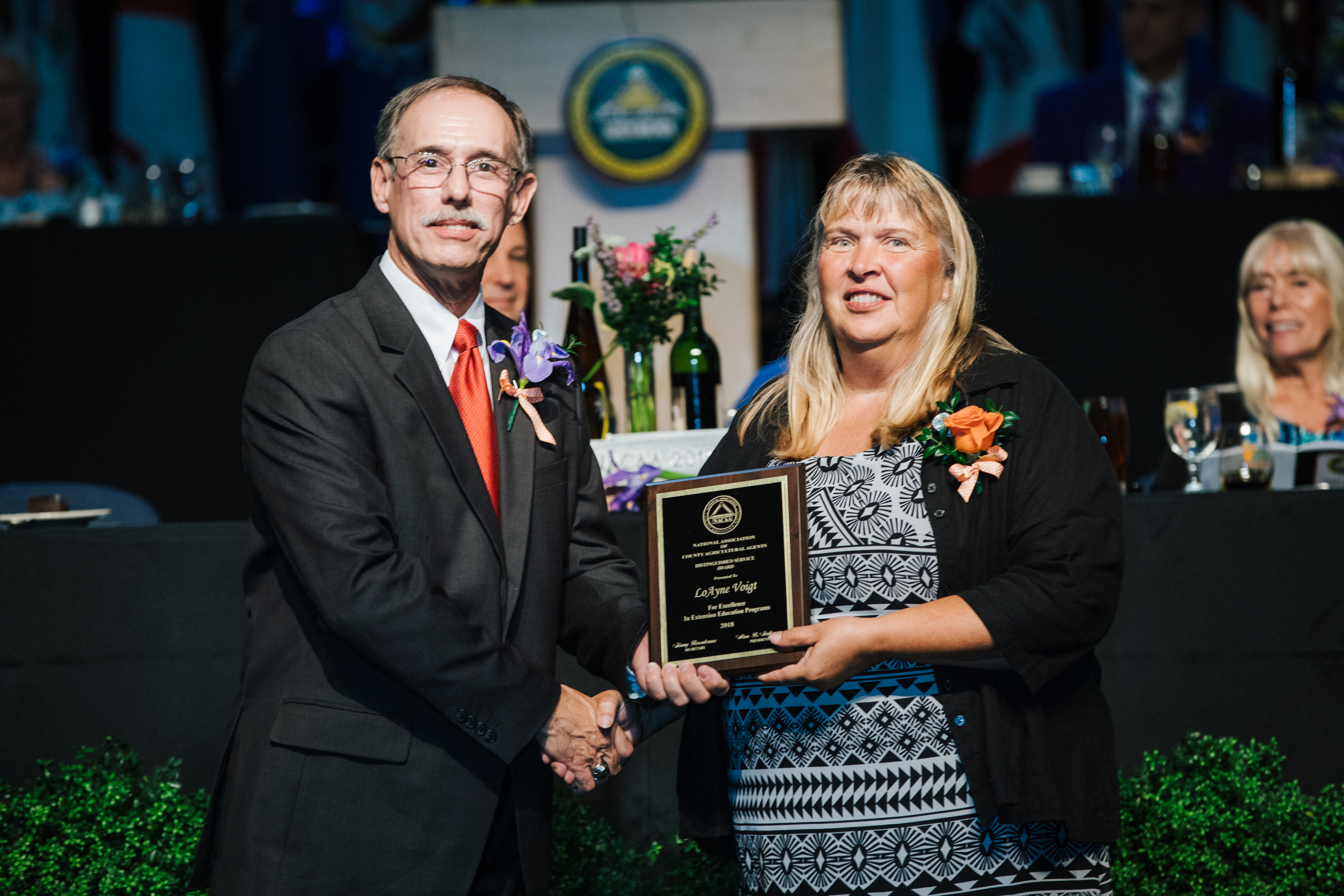 LoAyne Voigt, NDSU Extension agriculture and natural resources agent in Renville County, receives the Distinguished Service Award from Alan Galloway, president of the National Association of County Agricultural Agents. (Photo courtesy of NACAA)