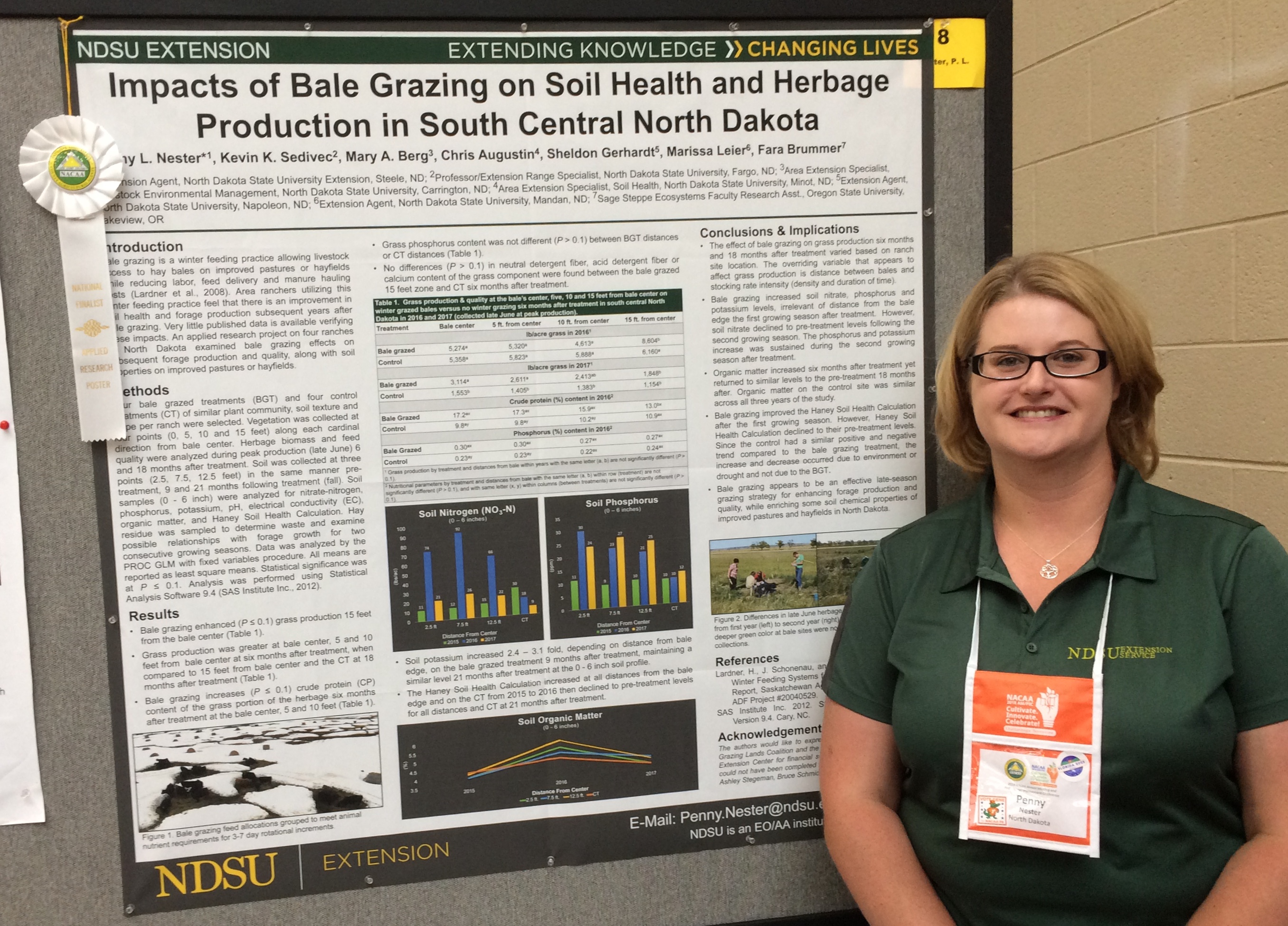 Penny Nester, NDSU Extension agriculture and natural resources agent in Kidder County, is recognized at the National Association of County Agricultural Agents’ conference for a poster on the impacts of bale grazing on soil health and herbage production in south-central North Dakota. (NDSU photo)