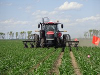 NDSU reseachers interseed cover crops in a field plot near Rutland. (NDSU Photo)