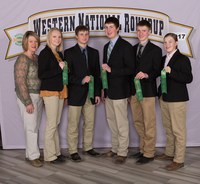 The Dickey County 4-H team took 12th place in livestock judging at the Western National Roundup. Pictured are (from left): coach Janell Hauck and team members Kadey Holm, Reed Wendel, Jacob Hauck, Caleb Hauck and Calli Hauck. (Photo courtesy of Western National Roundup)