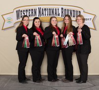 The Kidder County 4-H team took seventh in horse judging at the Western National Roundup. Pictured are (from left): team members Teresa Wald, Cheyanne Klein, Kaden Strom and Morgan Dutton, and coach Penny Nester. (Photo courtesy of Western National Roundup)