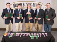 The Ward County 4-H team took second place in meat judging at the Western National Roundup. Pictured are (from left): team members Jacob Scheresky, Jayd Novak, Samuel Jaeger and Thomas Schauer, and coach Christopher Rockeman. (Photo courtesy of Western National Roundup)