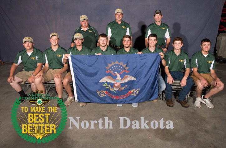 North Dakota youth bring home team and individual honors from the 2018 4-H National Shooting Sports Championships. Pictured are (from left, front row): Nathan Lorenz, Forrest Hanson, Josh White, Thomas Mitchell, Landon Sprague, Kail Larsen, Will Peckham and Ordale Morstad; (back row) coaches Doug Darling, Norm Howard and Eudell Larsen. (Photo courtesy of National 4-H Shooting Sports)