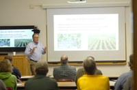 NDSU Extension sugar beet agonomist Tom Peters talks to producers about weed identification. (NDSU photo)