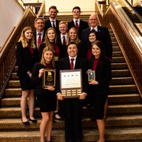 NDSU Wins NAMA Competition -- Front row left to right: Clara Konetschka, Thomas Konetschka, Emily Christofferson Second row: Jessica Refshaw, Brita Swenson, Ashley Bandemer, Katie Kokett Third row: David Englund, adviser; Dylan Kallman; Tom Wahl, adviser Back row: Nick Broberg, John Chadwick