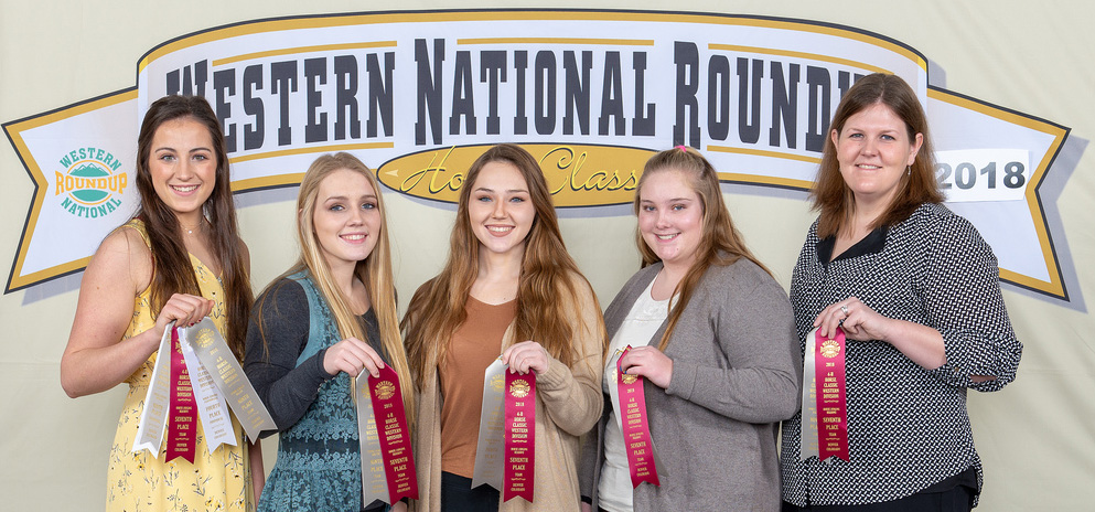 North Dakota's Ward County 4-H team places 12th in horse judging at the Western National Roundup in Denver, Colo. Pictured are, from left: team members Sidney Lovelace, Kaitlyn Berg, Madilyn Berg and Mariah Braasch, and coach Paige Brummund. (Photo courtesy of Western National Roundup)