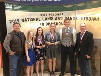 The Oliver County 4-H team placed fourth in national range judging. From left are Kevin Sedivec, NDSU Extension rangeland management specialist; Reanna Schmidt, Rebecca Schmidt, Olivia Klein, Charlie Liffrig and Rick Schmidt, NDSU Extension Oliver County agent. (NDSU Photo)