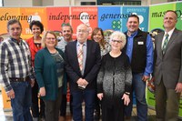 The Ellingson family of Benson, Morton and Ramsey counties has been named a North Dakota 4-H century family for 2019. Pictured are (from left, back row): family members Julie Ellingson, Jeff Ellingson and Jenny Ellingson; Andy Staloch, North Dakota 4-H Foundation chair; and Greg Lardy, interim NDSU Extension director; (front row) Scott Knoke, Extension agent, Benson County; Cindy Olson, 4-H program assistant, Ramsey County, and family members Lester Ellingson and Cheryl Ellingson. (NDSU photo)