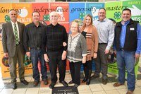 The Klusmann family receives recognition for the late Erwin Klusmann, who was inducted into the North Dakota 4-H Hall of Fame. Pictured are, from left: Interim NDSU Extension Director Greg Lardy; Klusmann family members Gregg Klusmann, Marvin Klusmann, Sandy Klusmann Shively, Kristin Klusmann Cummings and Joel Cummings; and Andy Staloch, North Dakota 4-H Foundation chair. (NDSU photo)