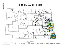 An annual statewide soybean cyst nematode sampling program has led to the development of a detailed SCN distribution map. (NDSU)