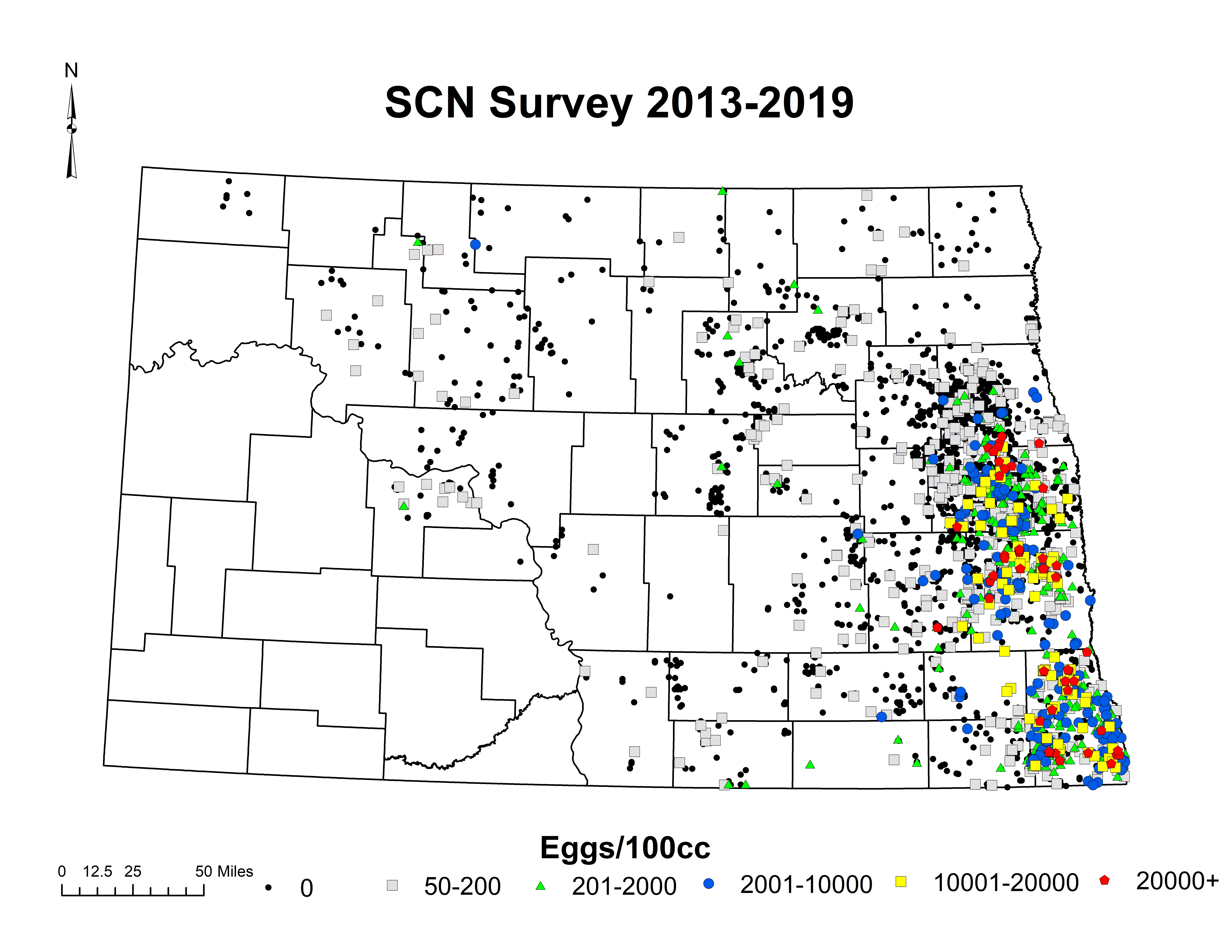 An annual statewide soybean cyst nematode sampling program has led to the development of a detailed SCN distribution map. (NDSU)