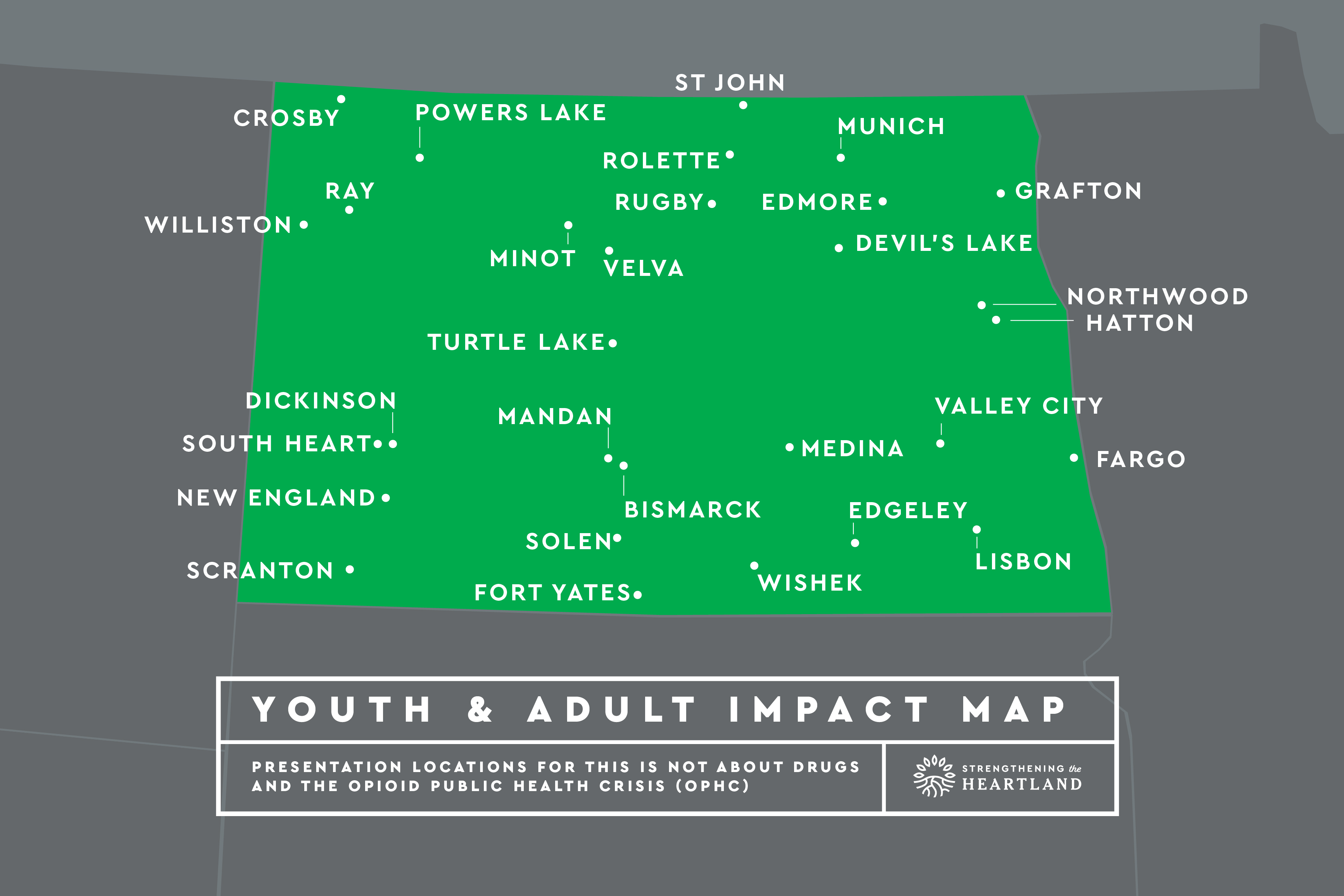 The Strengthening the Heartland program has reached youth and adults throughout North Dakota. (Map courtesy of South Dakota State University)