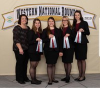 The Ransom County team placed 10th in horse judging at the Western National Roundup in Denver, Colo. Pictured are (from left) coach Sara Lyons and team members Emma Gillespie, Lydia Lyons, Ayriel Lyons and Kasen Anderson. (Photo courtesy of Western National Roundup)
