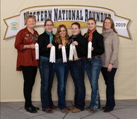The Sargent County team placed fourth in the horse quiz bowl at the Western National Roundup in Denver, Colo. Pictured are (from left) coach Julie Hassebroek; team members Kari Fuhrman, Kassidy Larson, Jacy Bopp and Allie Bopp; and coach Christine Bopp. (Photo courtesy of Western National Roundup)