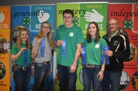 The Oliver County team took first place in the senior division of the state 4-H livestock quiz bowl. Pictured are, from left: team members Reanna Schmidt, Morgan Miller, Jacob Klaudt and Rebecca Schmidt, and coach Rick Schmidt. (NDSU photo)