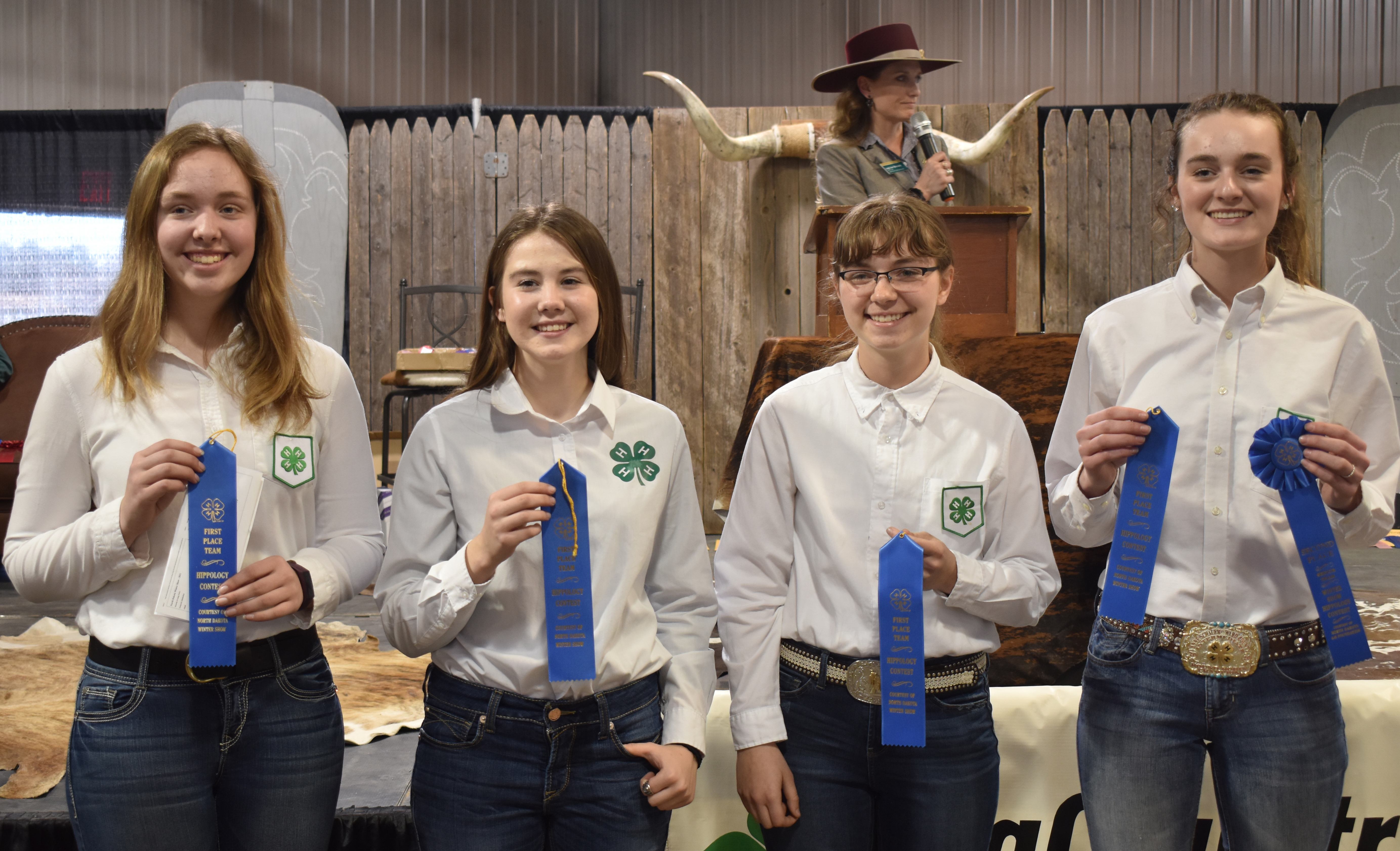 The Ward County 4-H team took first place in the senior division of the Winter Show hippology contest. Pictured are, from left: Olivia Lebrun, Emily Fannik, Mikaela Woodruff and Anne Schauer. (NDSU photo)