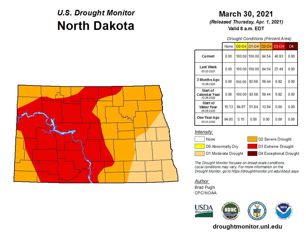 The latest U.S. Drought Monitor shows all of North Dakota is in a drought.