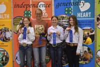 The McLean County team takes first place in the junior division of the state hippology contest. Pictured are, from left: team member Bella Wimer, coach Kathy Bear and team members Molly Jochim and Hannah Woodruff. (NDSU photo)