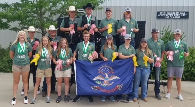 North Dakota 4-H'ers brought home several honors from the 4-H National Shooting Sports Championships. Pictured are, from left, back row: Clay Ceynar, Bjorn Brose, Ethan Myers, Tate Novodorsky, William Schmidt, Taik Larsen, Brennan Weiderrich and Tyler Brusseau; front row: Cassandra Christenson, Casia Steinhaus, Hannah Vaagen, Jacob Vaagen, Katie Schmidt, Shianne Boehm and Kendra Boehm. (NDSU photo)