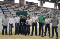 The Stark-Billings County team placed first in the senior division of the state 4-H meat judging contest. Pictured, from left, are coach Kurt Froelich, team members Quinn Polensky, Jess Schulz, Katie Schmidt, Taylor Downing, Will Schmidt, Wyatt Dorner and Justin Kathrein, and coach Wyatt Schulte. (NDSU photo)