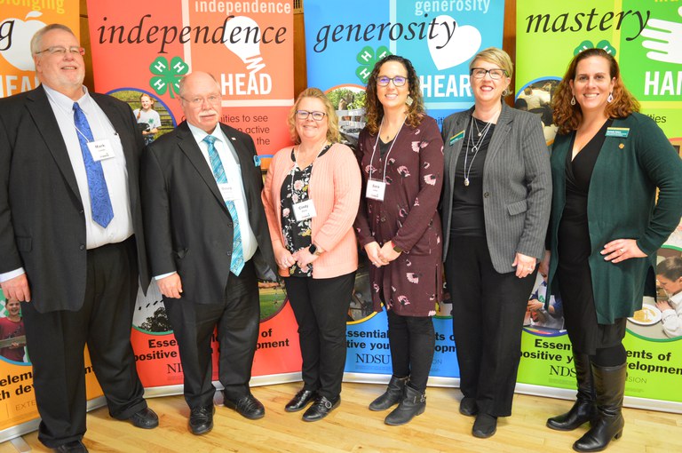 Doug Darling of Ramsey County was honored with the Salute to Excellence North Dakota 4-H Outstanding Lifetime Volunteer 2021 award. Pictured left to right: Mark Landa, ND 4-H Foundation Board President; Darling; Cindy Olson, Ramsey County Extension assistant; Sara Laite, Ramsey County Extension agent; Lynette Flage, NDSU Extension associate director; and Rachelle Vettern – NDSU Extension leadership-volunteer development specialist/professor. (NDSU photo)