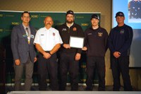 Sheyenne Valley Technical Rescue Team was one of the four recipients of the Friends of Extension Award. Pictured left to right are Greg Endres – Carrington REC presenting the award to captain Rich Schock, Jared McCollum – assistant chief; Ryan Jankowski – Horace team member; and Shelton Tronnes – Kindred team member. (NDSU photo)