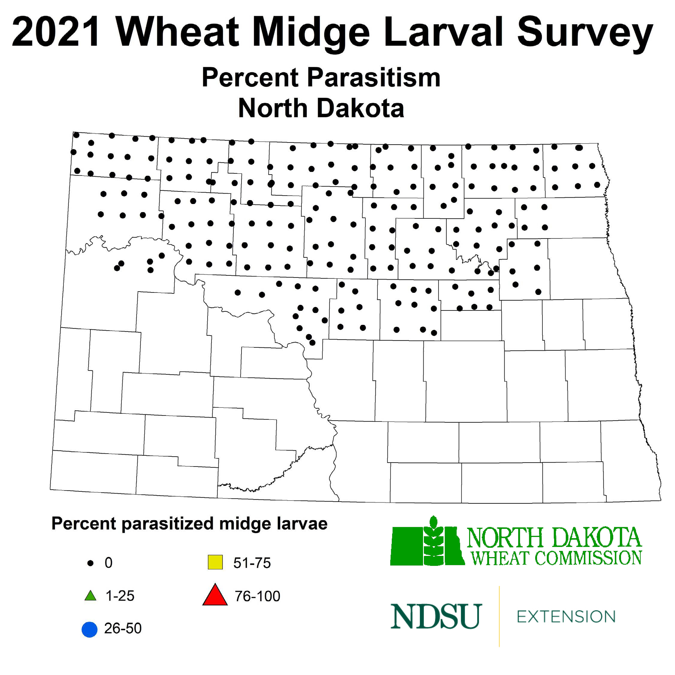 2021 Wheat Midge Larval Survey Map - Percent Parasitism (NDSU photo)