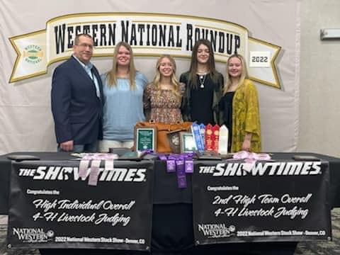 North Dakota's Ransom County 4-H team placed second in livestock judging at the Western National Roundup in Denver. Pictured are, from left: Brian Zimprich (Coach), Jamie Geyer, Lilly Solemsaas, Olivia Nitschke, Paige Zimprich