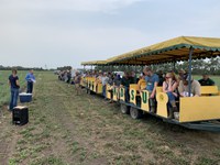 NDSU plant pathology research specialist Suanne Kallis and plant pathologist Michael Wunsch speak to visitors about plant pathology projects at the CREC’s 2021 field day. (NDSU photo)