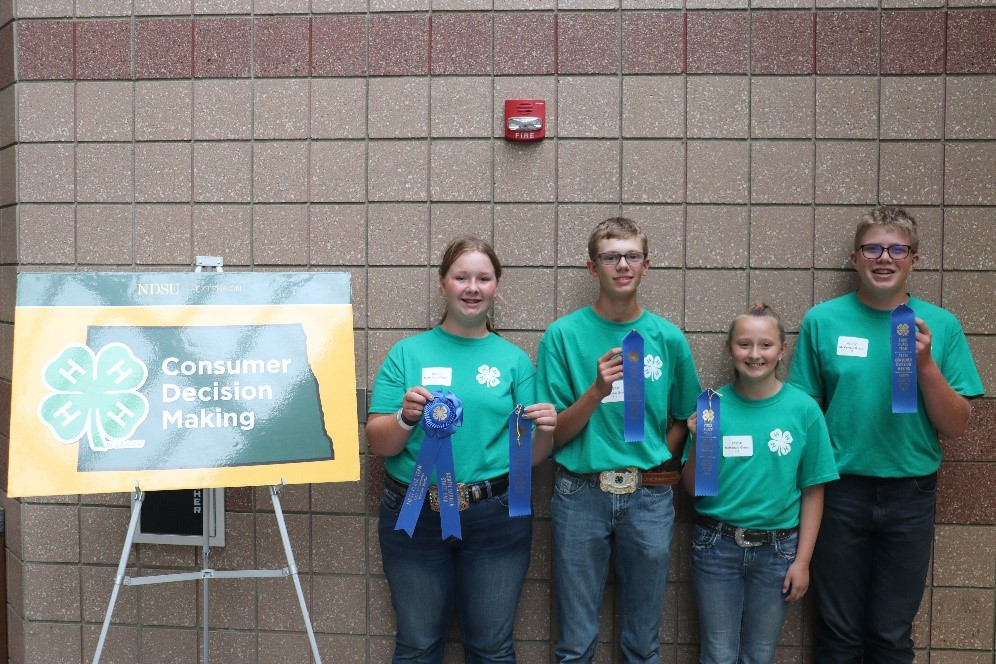 McKenzie County placed first in the junior 4-H Consumer Decision Making contest. Team members are (L to R) Gwen Signalness, Kyle Best, Gracyn Darrington and Jaden Murphy. (NDSU photo)
