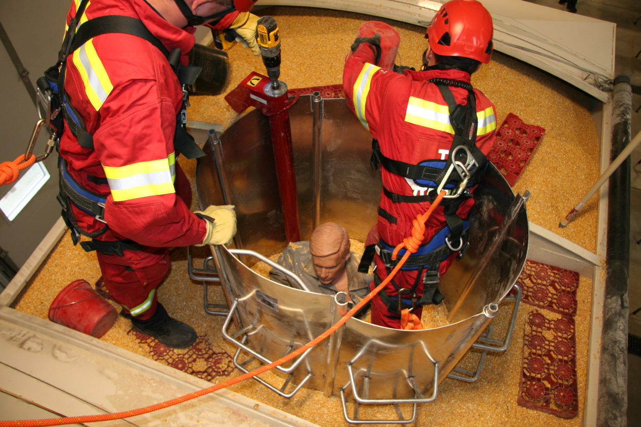 Training on the use of grain bin rescue equipment and techniques is necessary for fire departments to be able to respond effectively in an entrapment situation. (NDSU photo)