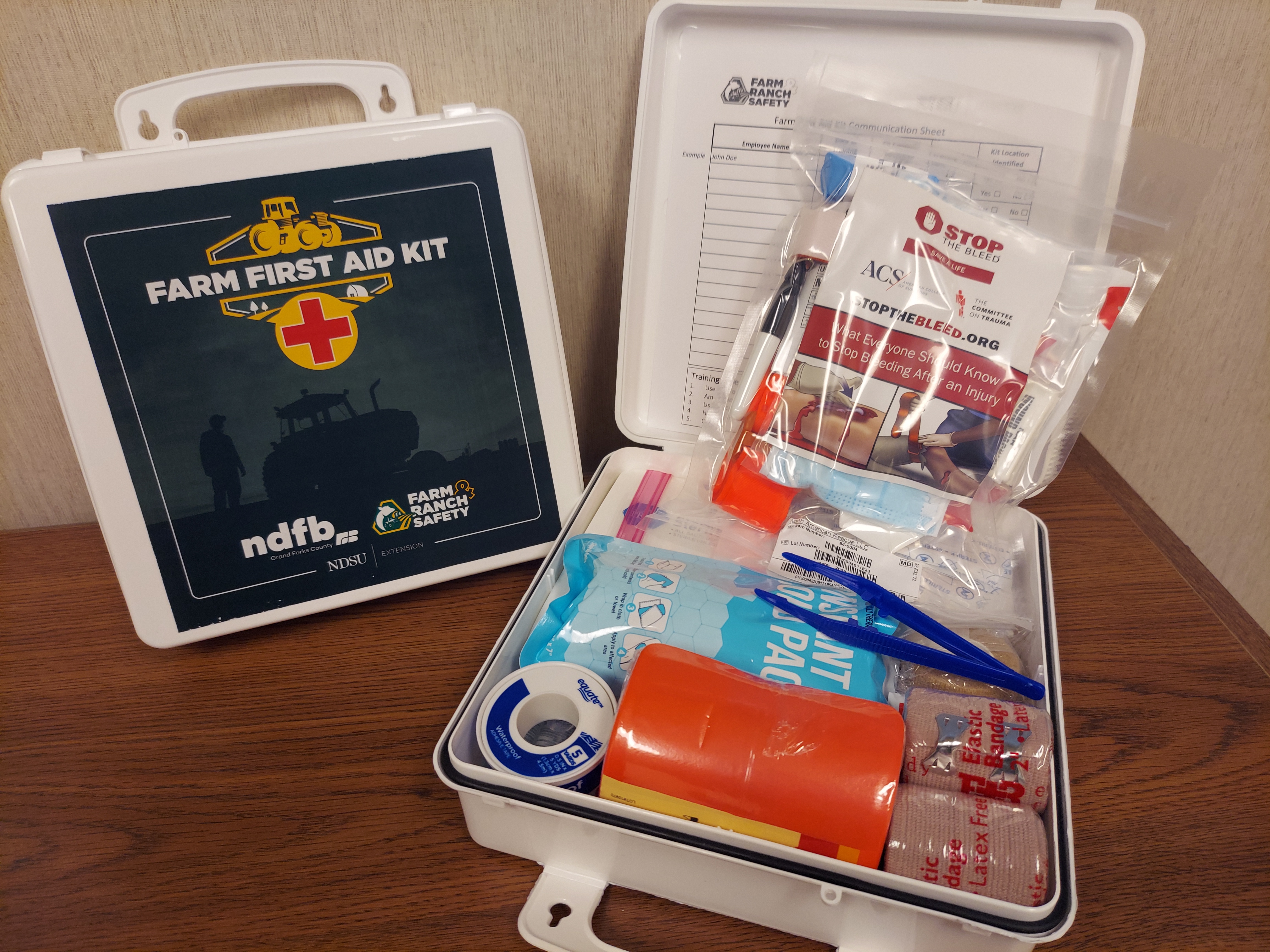 A farm first-aid kit provides tools for treating traumatic injuries until help arrives. (NDSU photo)