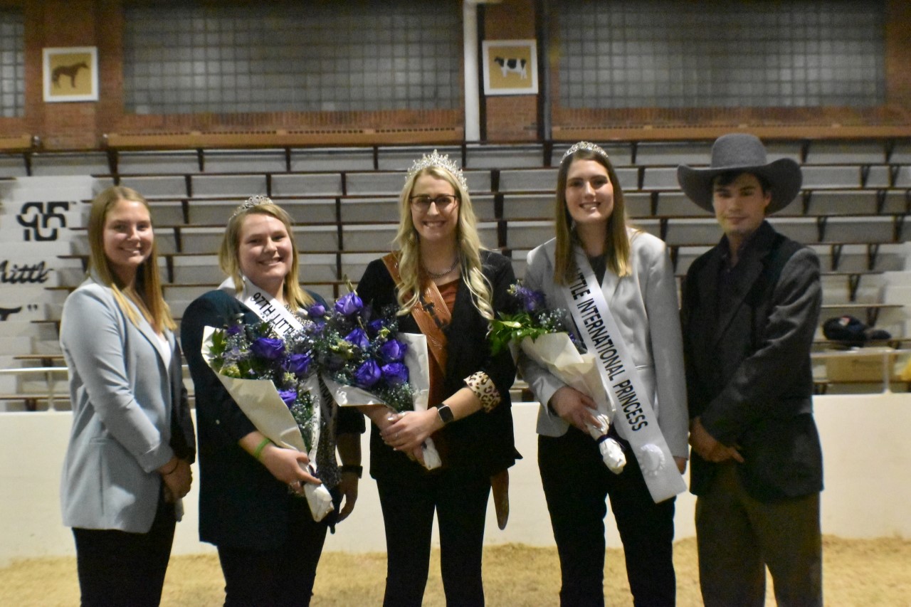 The NDSU Saddle and Sirloin club's Little International royalty and management team includes manager Jade Koski, princess Josi Solsaa, queen Kylie Hildre, princess Kristin Schaaf and assistant manager Kell Helmuth. (NDSU photo)