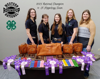 The North Dakota 4-H hippology team was overall national champion and took home numerous individual and team placings at the National Western 4-H Roundup. Team members are (from left): Anne Schauer, Mikaela Woodruff, Emily Fannik, Olivia Lebrun and coach Paige Brummund. (NDSU photo)