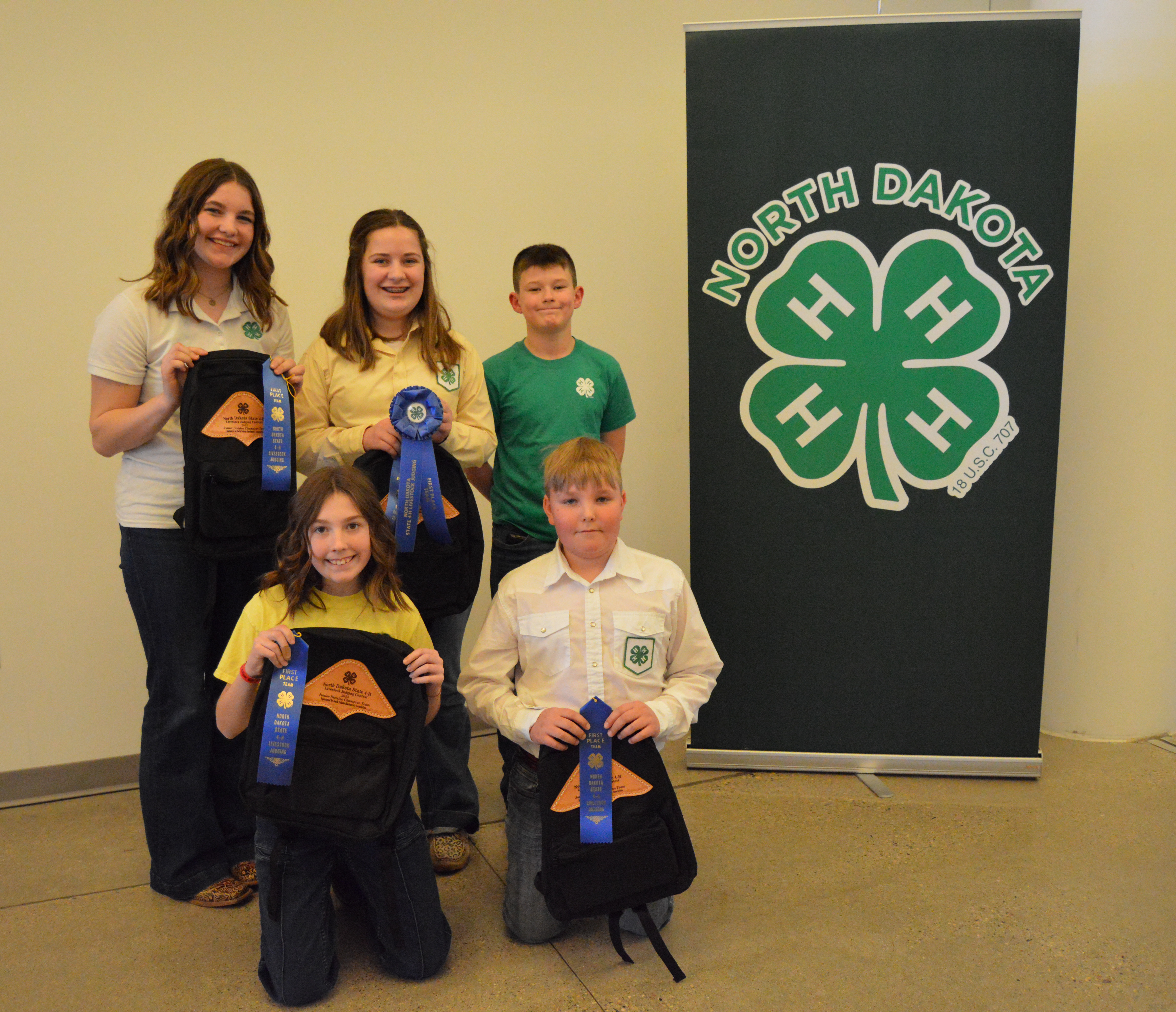 The Bowman County team took first place in the junior division of the North Dakota 4-H State Livestock Judging Contest. Team members are (from left, front row) Reese Janikowski, Layla Krinke, Layton Mrnak and (from left, back row) Jayden Sell, Layton Mrnak. (NDSU photo)