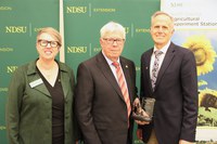 N.D. Sen. Rich Wardner received NDSU’s Friend of Extension award. Pictured are Lynette Flage, associate director of NDSU Extension; Sen. Wardner and Greg Lardy, vice president of NDSU Agricultural Affairs. (NDSU photo)