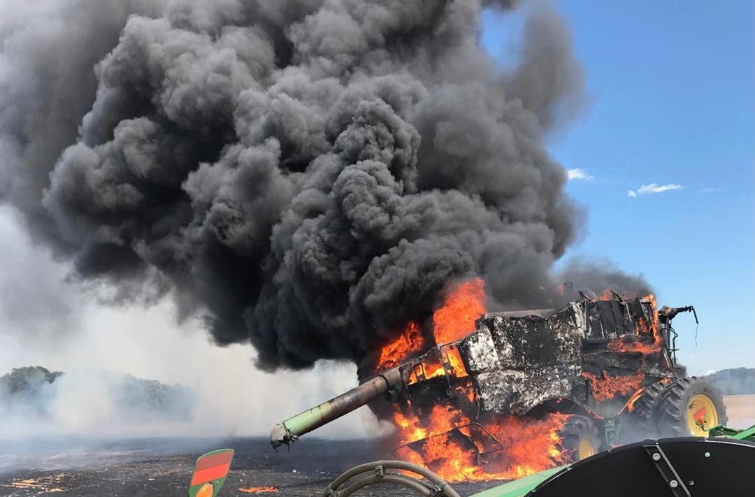 Warm, dry harvest conditions in combination with crop dust and chaff accumulating on hot surfaces can increase the risk of combine fires. (Photo courtesy of Kindred Fire Department)