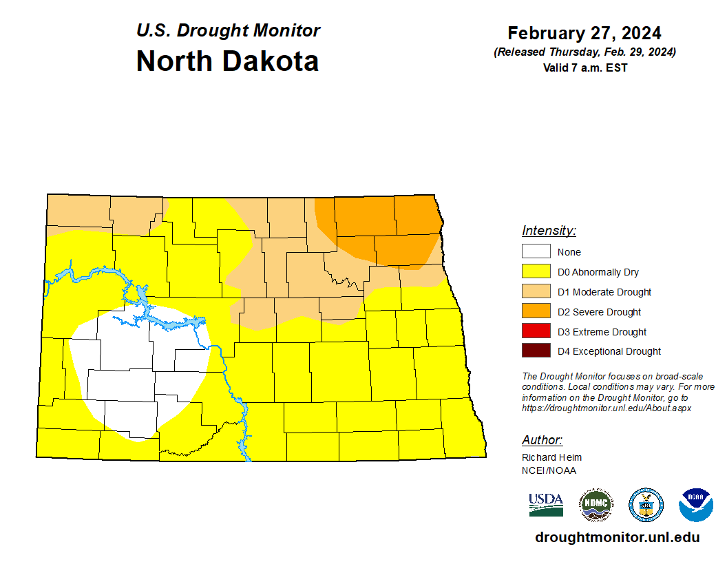 The US drought monitor map shows the drought conditions for North Dakota as of Feb. 27.