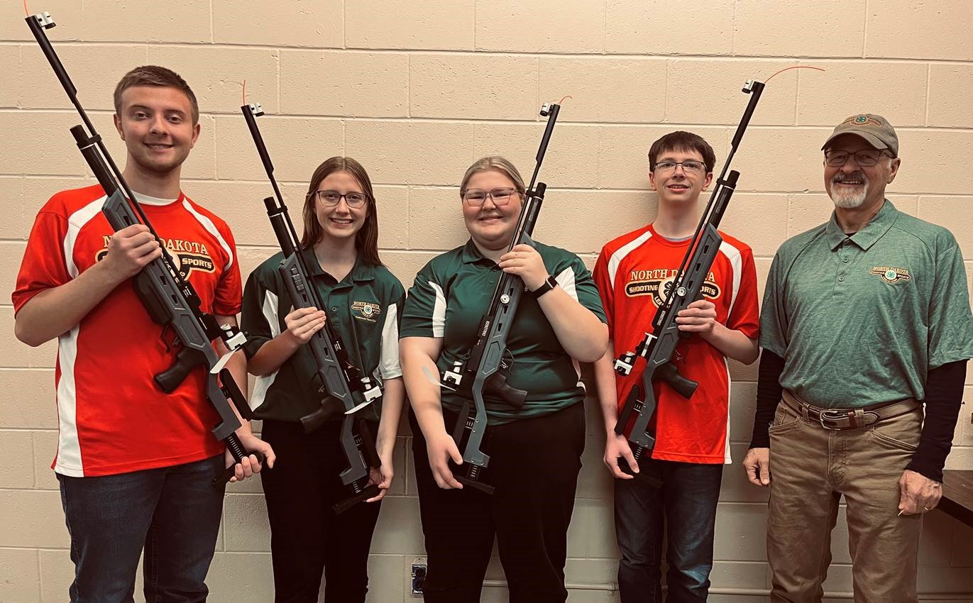 Members of the Ramsey County state air rifle championship team are, from left, Isaac Vaagen, Rachel Vaagen, Lauren Stiven, Brady Schuler and coach Rick Jorgenson. (NDSU photo)