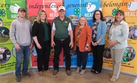 Norman Howard is recognized as the 2023 Outstanding Lifetime Volunteer. Pictured are (from left): Zach Howard; Trisha Berg, NDSU Extension administrative assistant; Norman Howard; Cindy Olson, NDSU Extension 4-H program assistant; Sara Laite, NDSU Extension agent; and Becky Peterson, North Dakota 4-H Foundation chair. (NDSU photo)
