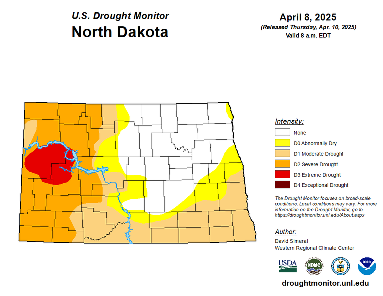 The U.S. drought monitor map shows the drought conditions for North Dakota as of April 8. (Graphic by droughtmonitor.unl.edu)