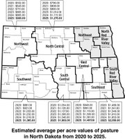 Estimated average per acre values of pasture in North Dakota from 2020 to 2025. (NDSU photo)