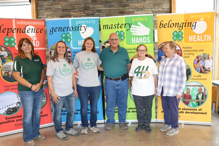 The Fust family is recognized as a North Dakota 4-H Century Family. Pictured from left: Becky Peterson, North Dakota 4-H Foundation Chair; Celeste Kostohryz; Kara Kostohryz; Jack Hanson; Sylvia Hansen and Nancy Fust. (NDSU photo)