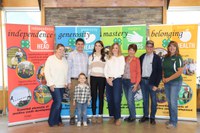 The Kram family is recognized as a North Dakota 4-H Century Family. Pictured from left: Katie Kram; Wyatt Kram; Sawyer Kram; Daphne Kram; Melissa Anheluk; Bernice Kram; Roger Kram and Becky Peterson, North Dakota 4-H Foundation chair. (NDSU photo)